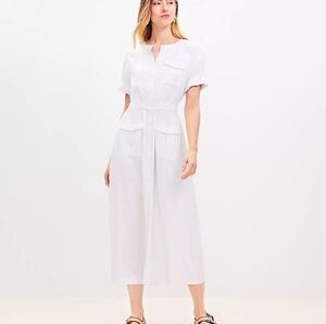 Loft Linen Utility Blend Mini Dress Pockets Button Front White 10